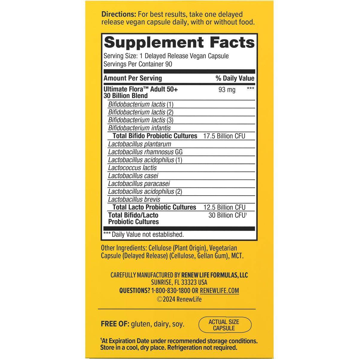 RNL233 | Back panel with Supplement Facts, directions, ingredients, and actual size capsule