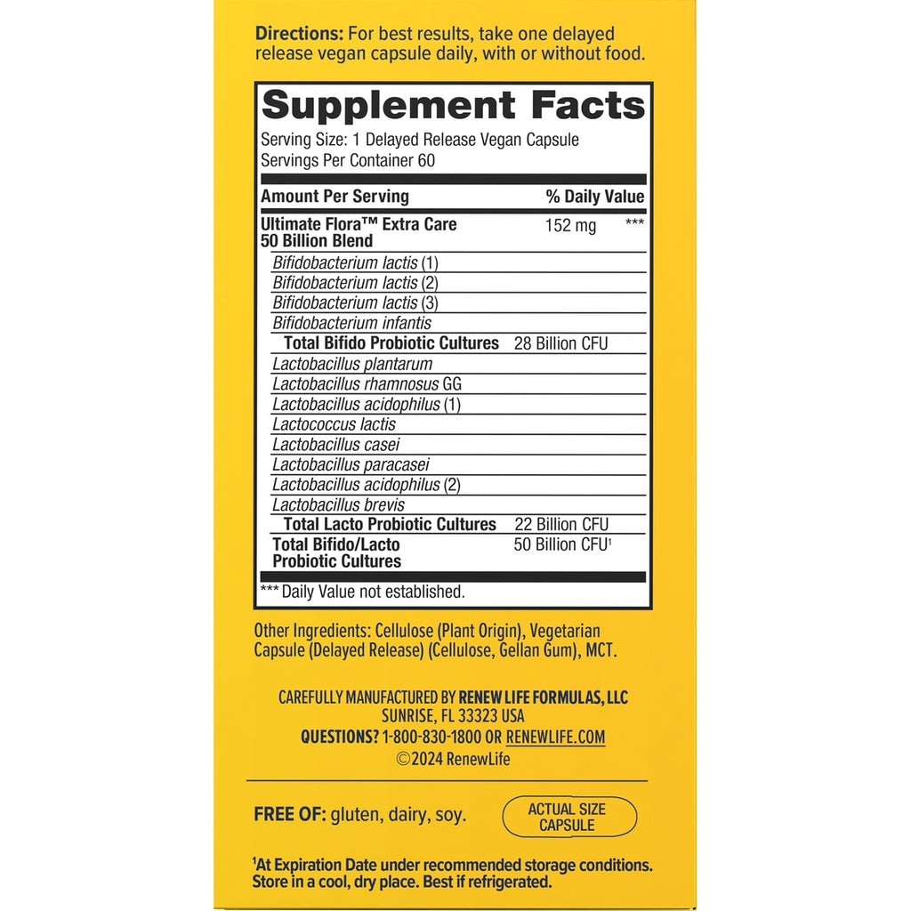 RNL236 | back label showing Supplement Facts, serving size 1 capsule, probiotic blend details and storage and usage instructions - Thumbnail