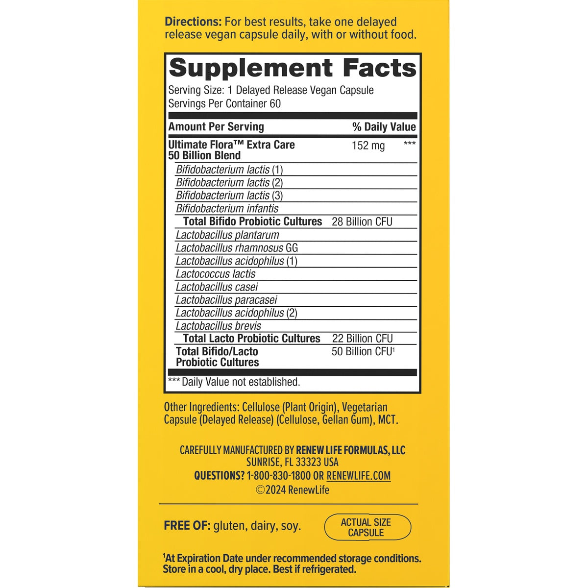 RNL236 | back label showing Supplement Facts, serving size 1 capsule, probiotic blend details and storage and usage instructions