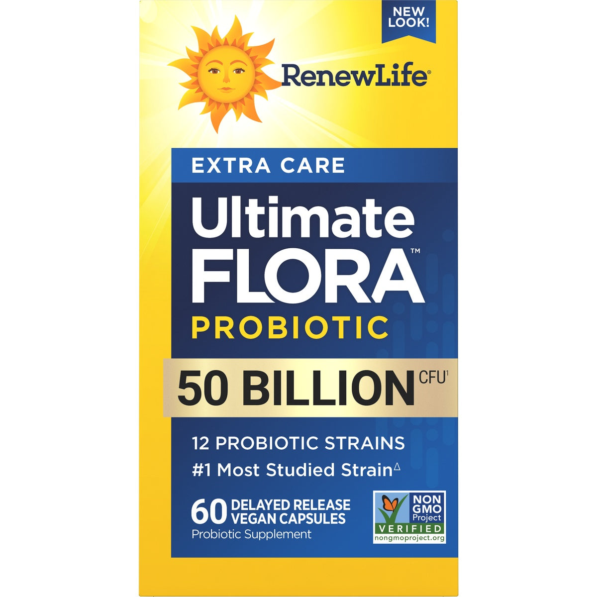 RNL236 | RenewLife extra care digestive probiotic front packaging, 50 billion CFU, 12 strains, 60 vegetarian capsules