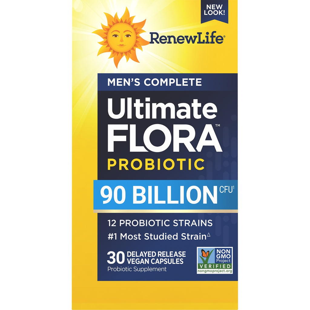 RNL241 | RenewLife Men's Care Probiotic bottle and box labeled 90 billion live cultures, 12 probiotic strains, 30 vegetarian capsules - Thumbnail