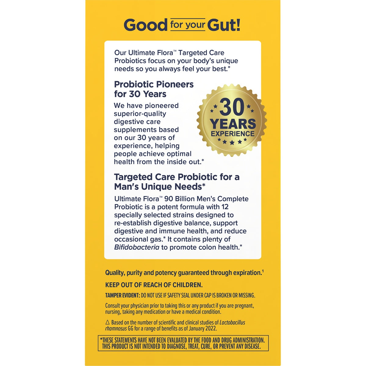 RNL241 | Supplement infographic highlighting men’s probiotic benefits, 30 years of experience, and usage warnings