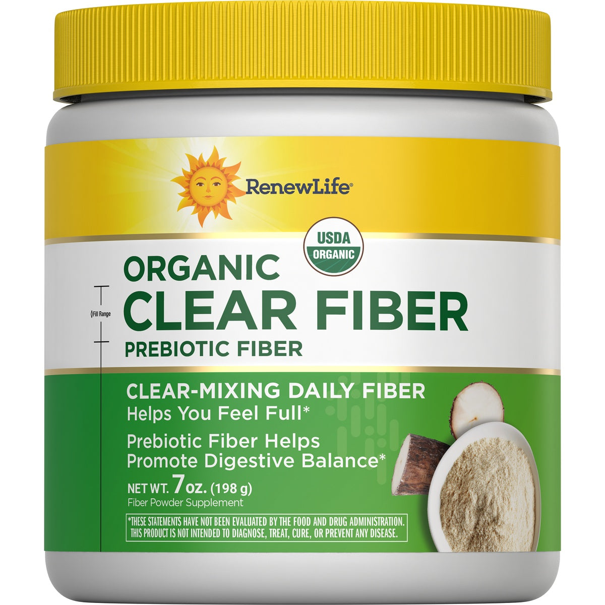 RNL245 | RenewLife Completely Clear organic prebiotic fiber powder jar, flavor free, yellow and green label, net wt 7 oz