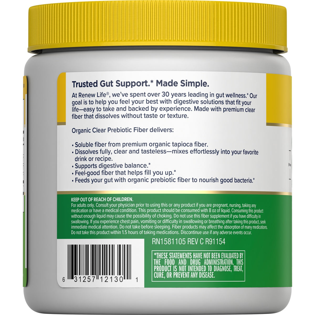 RNL245 | Back of white jar with yellow lid showing Renew Life back label and green information panel