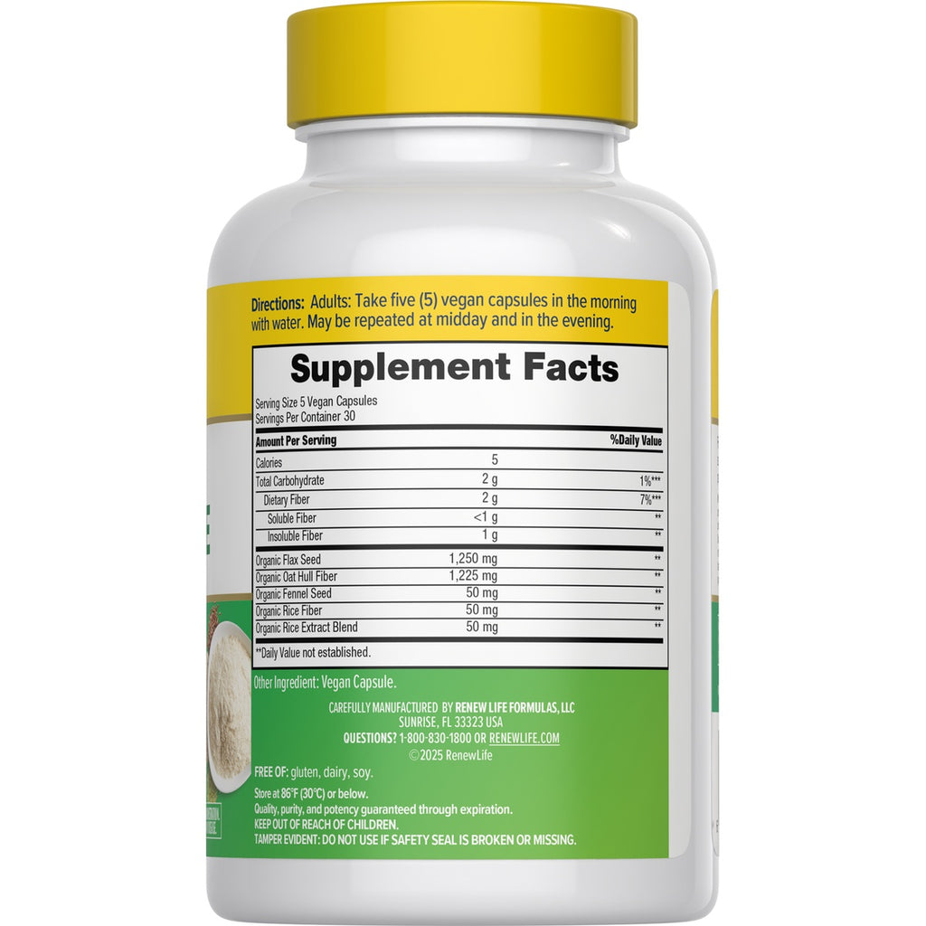 RNL244 | back of white supplement bottle showing Supplement Facts panel, yellow cap, Non-GMO verified label, fiber supplement - Thumbnail