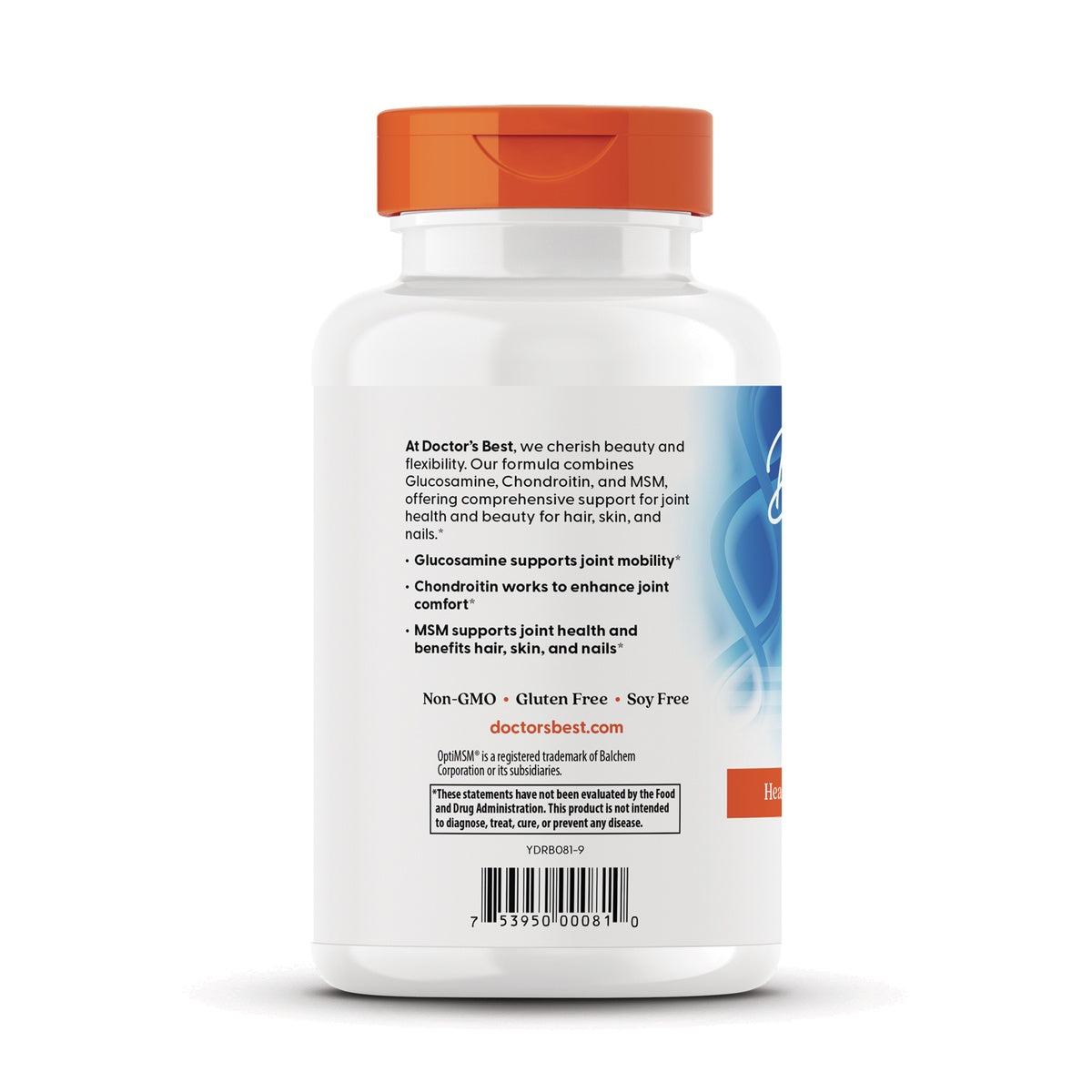 White supplement bottle back label with orange cap showing ingredients, benefits text and barcode