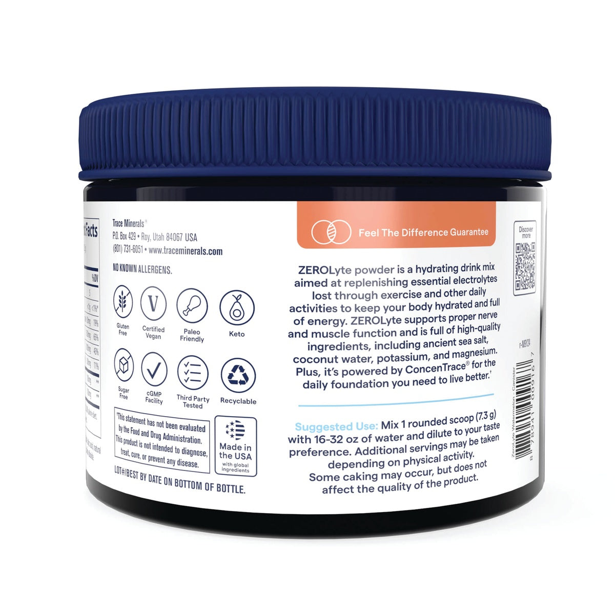 TM170 | Back label of ZEROlyte powder with icons (Gluten Free, Vegan, Keto) and suggested use directions