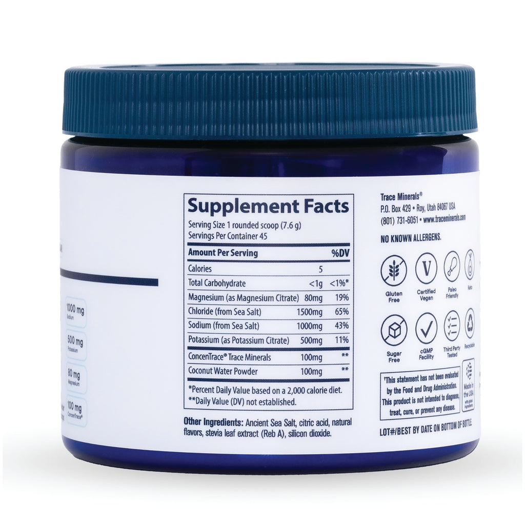 TM168 | Back label with Supplement Facts panel and certification icons on blue Trace Minerals powder jar - Thumbnail