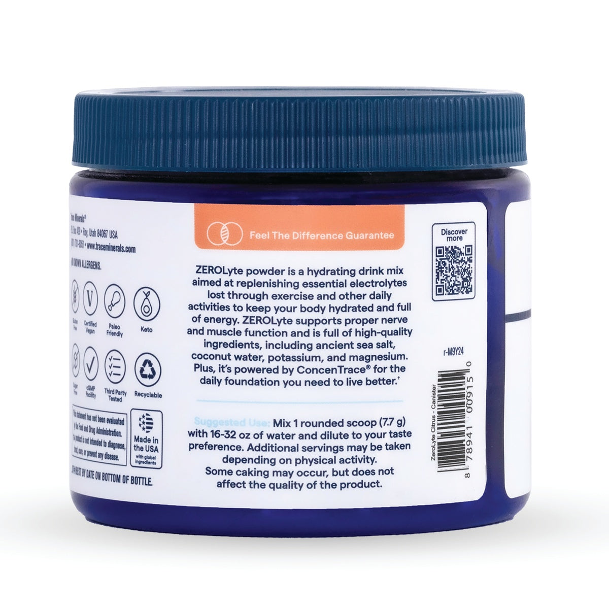 TM169 | Trace Minerals ZEROLyte drink mix canister back label with directions, QR code, and certifications