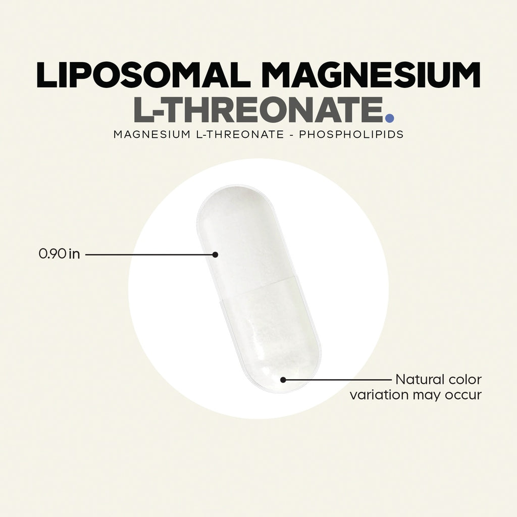 CDG021 | Product infographic showing a 0.90 in liposomal magnesium L-threonate capsule with natural color variation noted - Thumbnail