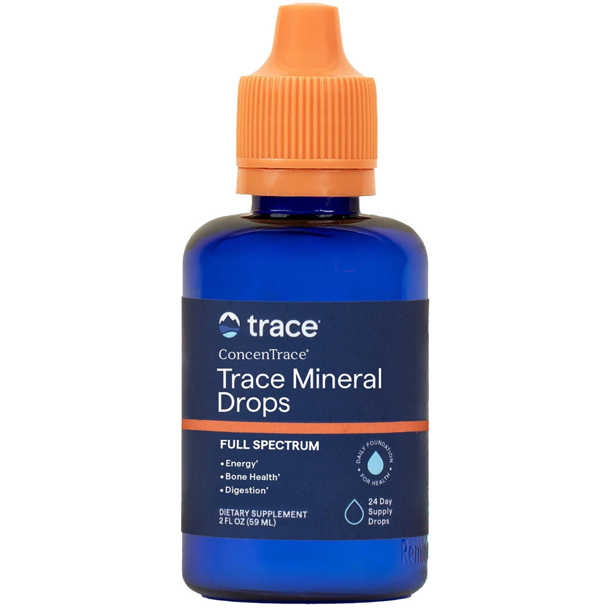 TM106 | Trace ConcenTrace Trace Mineral Drops dietary supplement, 2 fl oz blue bottle with orange dropper cap