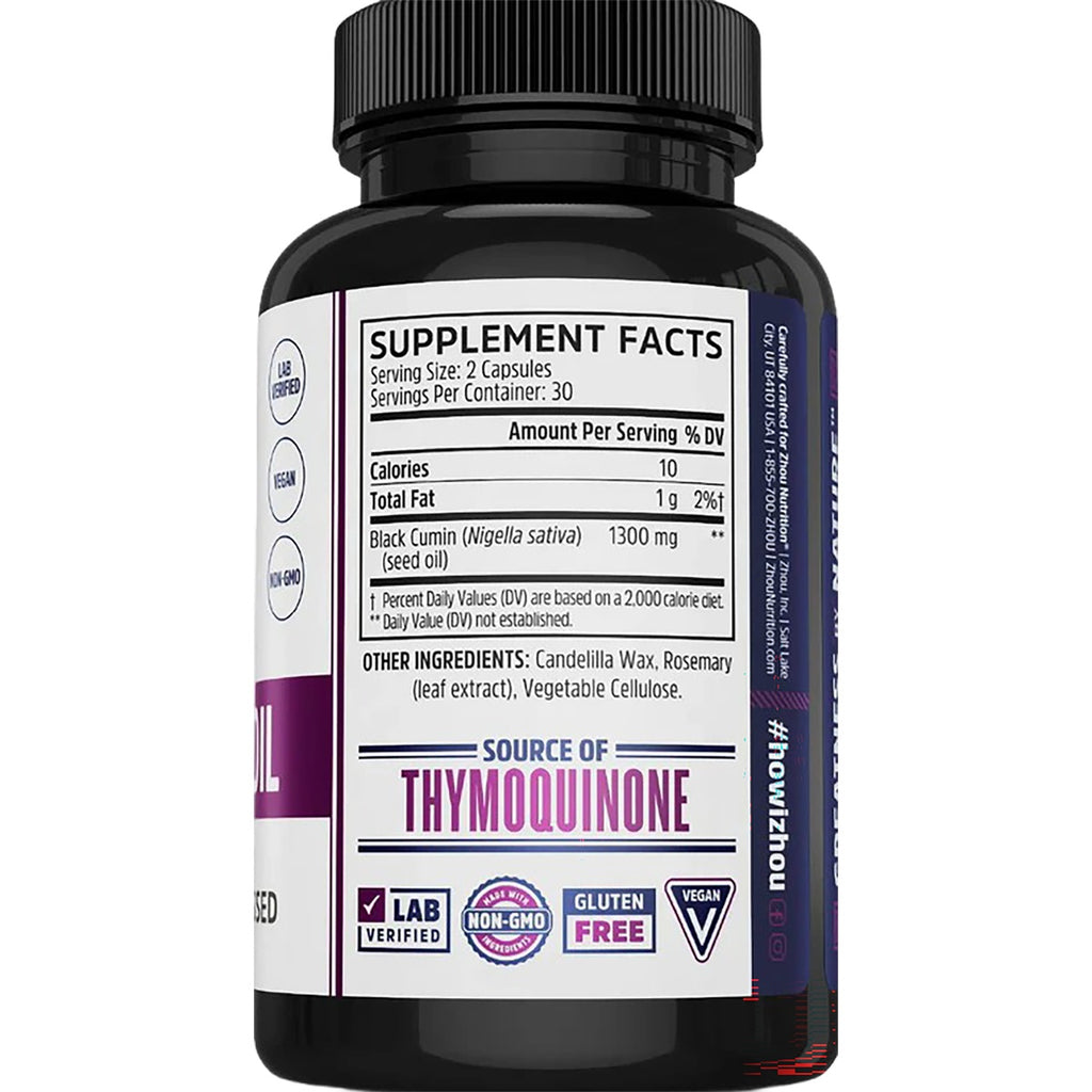 ZOU001 | Back of black seed oil supplement bottle showing Supplement Facts and Thymoquinone & Omega 3-6-9 - Thumbnail