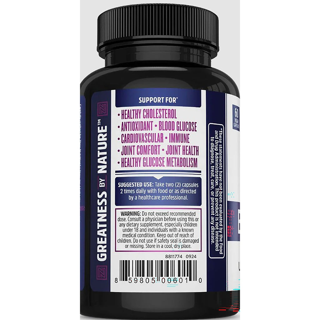 ZOU001 | Back of supplement bottle with supplement facts and benefits: Immunity support, joint, heart, and digestive health - Thumbnail