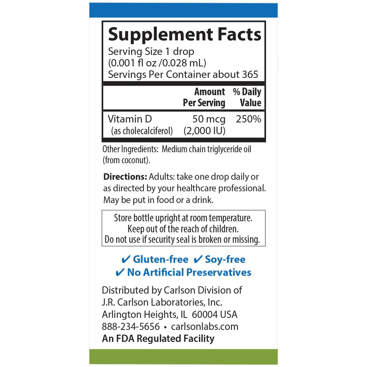 CSN192 | Supplement Facts panel for liquid Vitamin D drops with directions, ingredients, and storage warnings