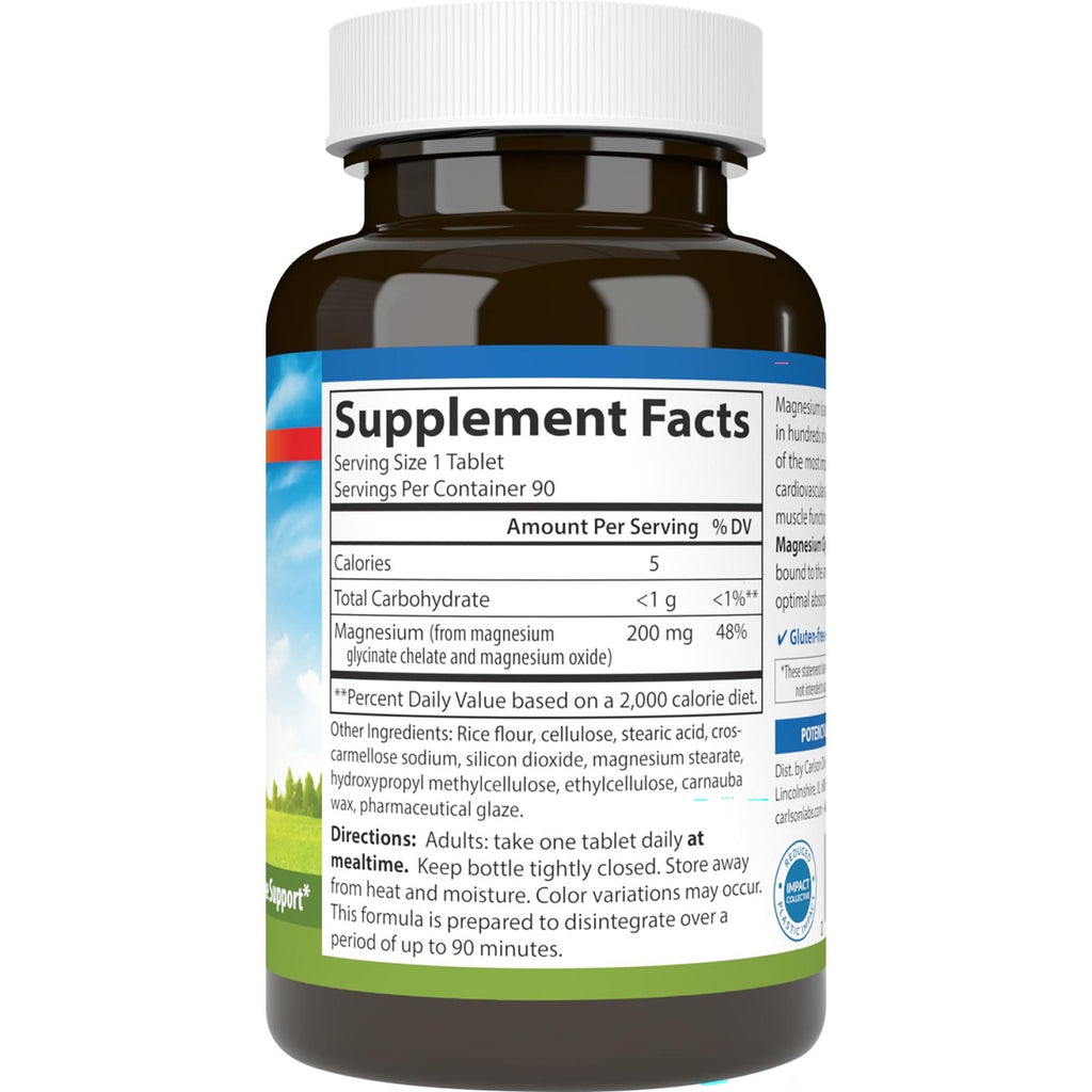 CSN199 | Back label showing Supplement Facts panel with Serving Size 1 Tablet, Magnesium 200 mg, ingredients and directions - Thumbnail
