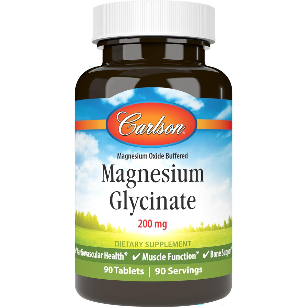 CSN199 | Carlson Chelated Magnesium Glycinate 200 mg bottle, 90 tablets front label