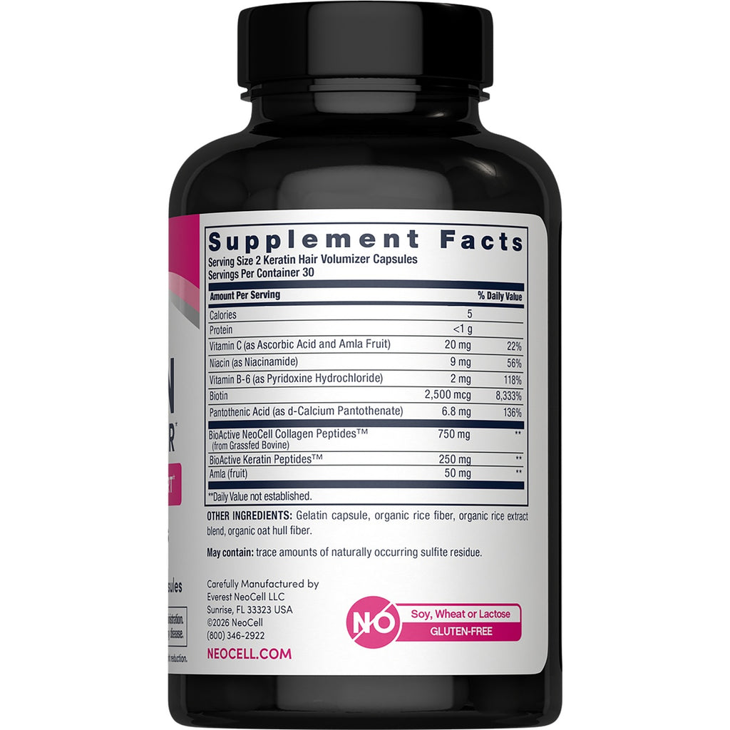 NEC043 | Supplement Facts label on a NeoCell Keratin Hair Volumizer capsules bottle with ingredients and gluten-free claim - Thumbnail