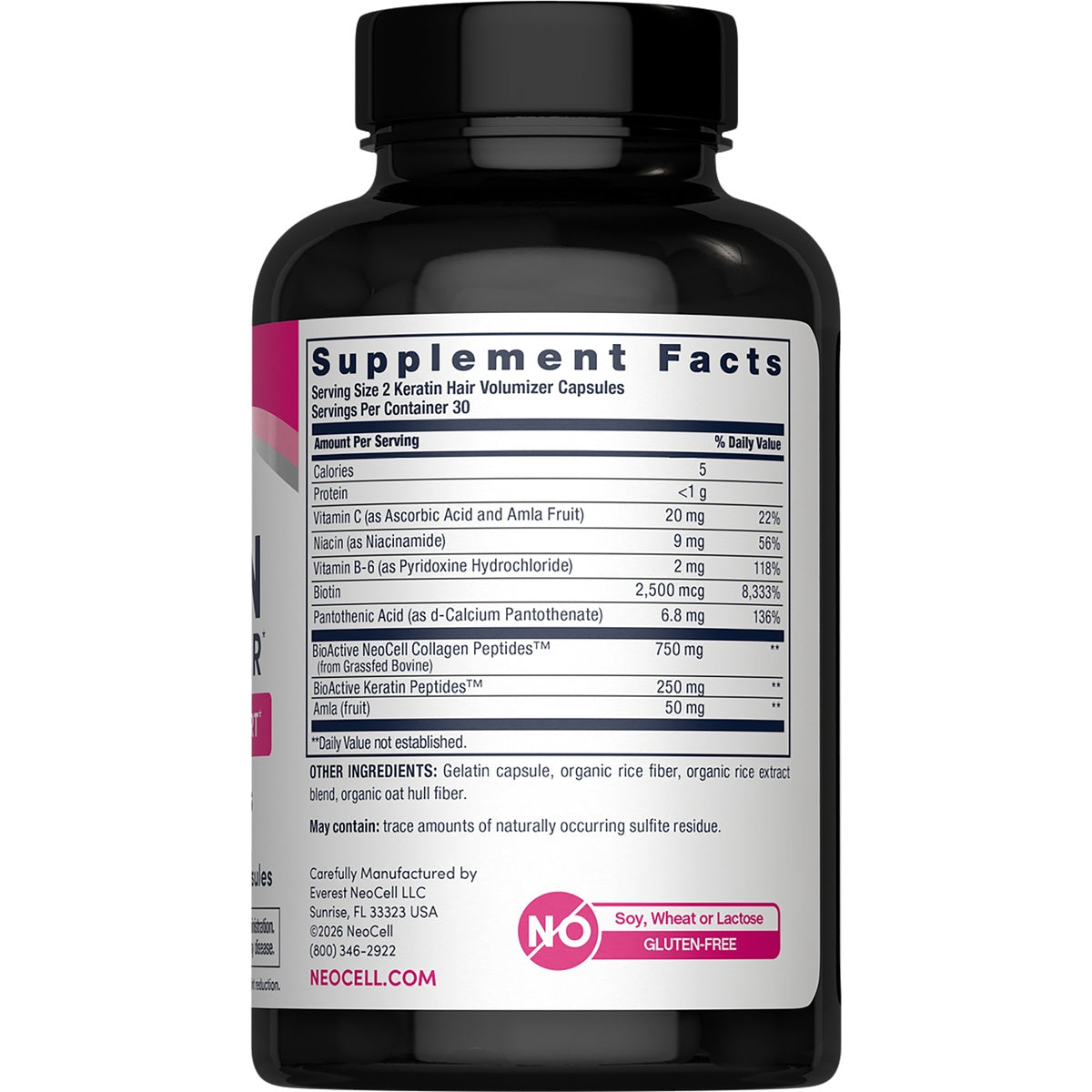 NEC043 | Supplement Facts label on a NeoCell Keratin Hair Volumizer capsules bottle with ingredients and gluten-free claim