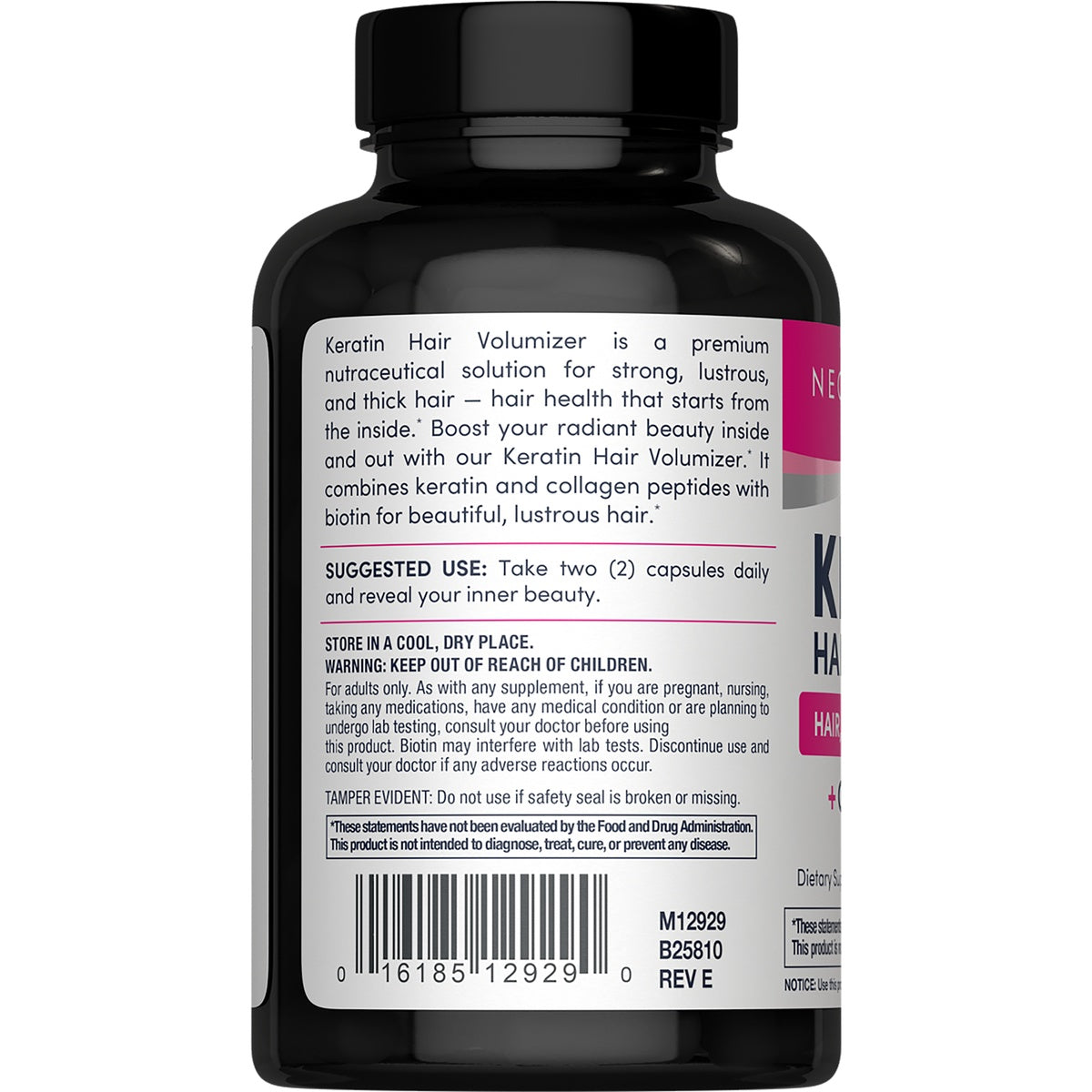 NEC043 | Keratin Hair Volumizer supplement bottle back label with suggested use and warnings