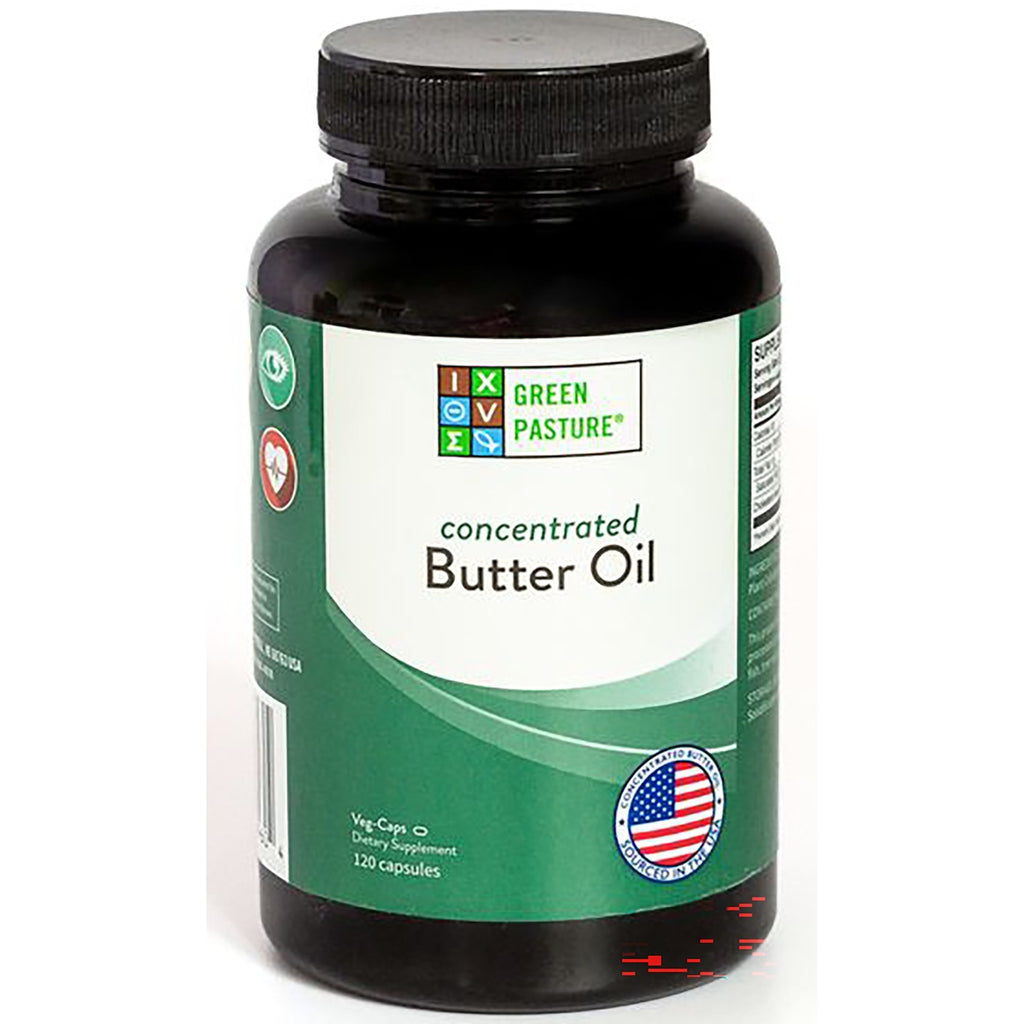 GRP012 | Dark green supplement bottle labeled GREEN PASTURE concentrated Butter Oil, 120 capsules - Thumbnail