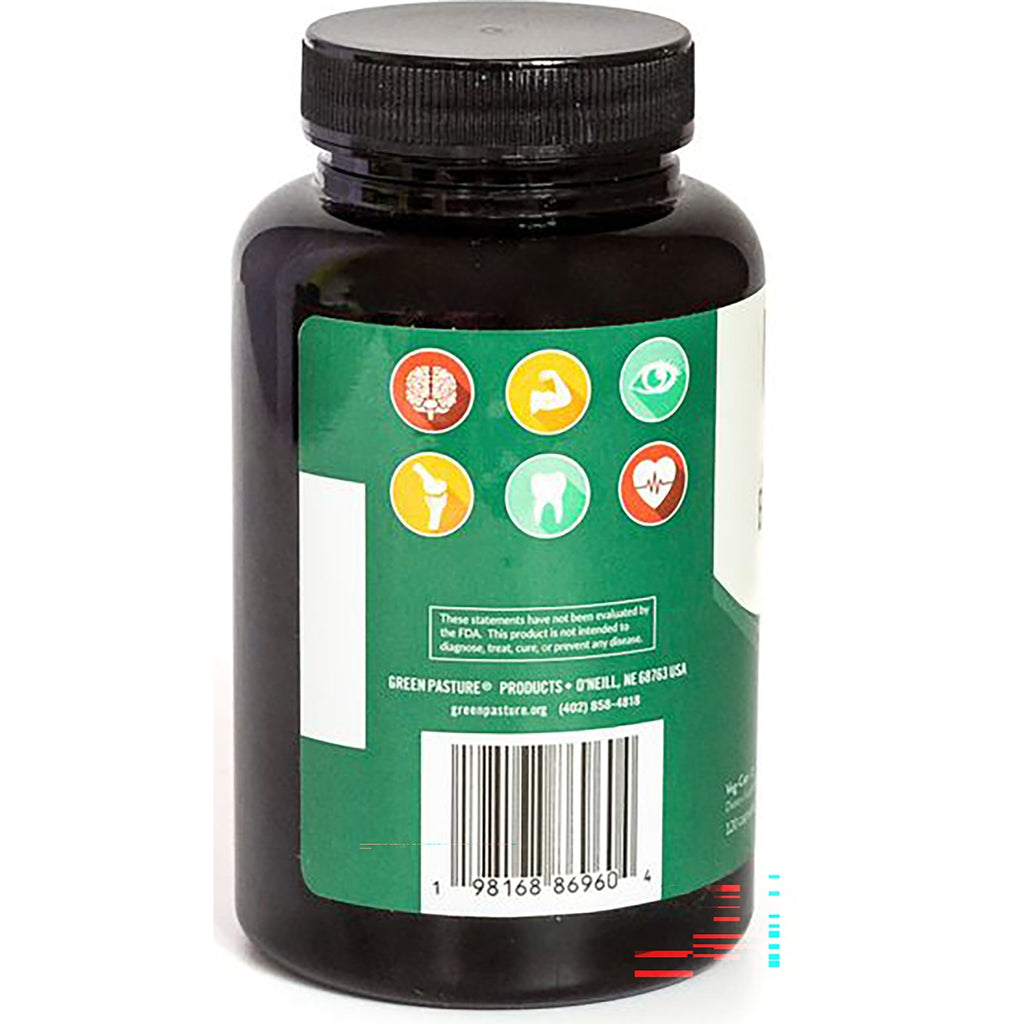 GRP012 | Back of Green Pasture Products bottle with supplement facts, icons, and barcode - Thumbnail