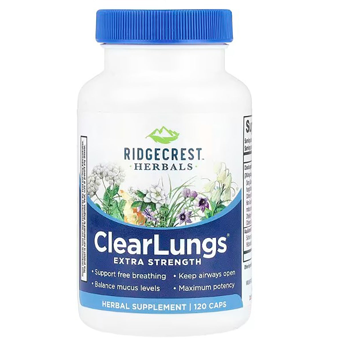 PH077 | Ridgecrest Herbals ClearLungs extra strength supplement bottle label, 120 vegan capsules