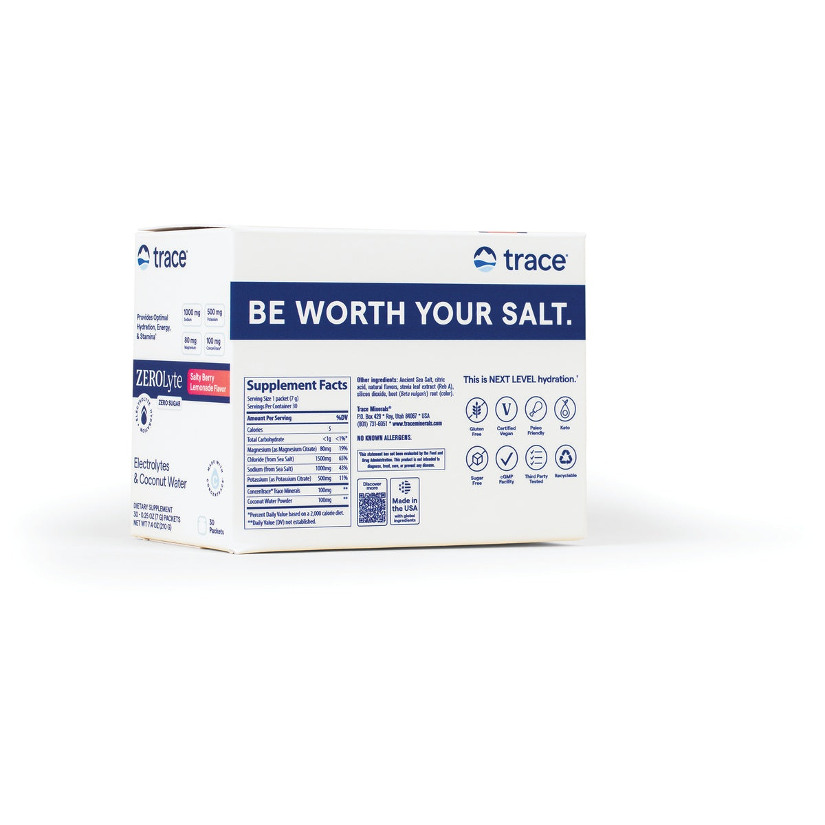 TM151 | Back of electrolyte drink mix box with supplement facts and \