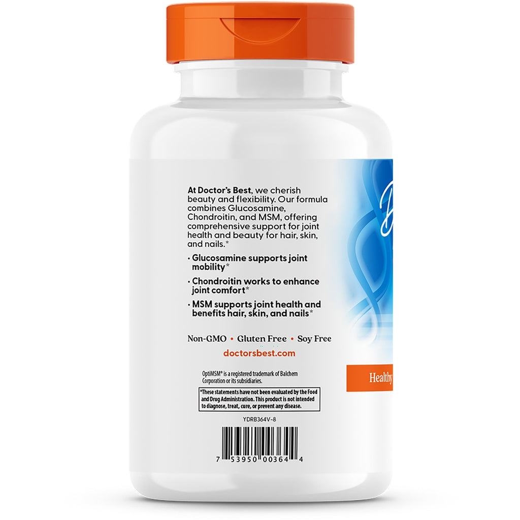 DB238 | Back label of white supplement bottle listing Glucosamine, Chondroitin, MSM benefits, Non-GMO, and barcode - Thumbnail