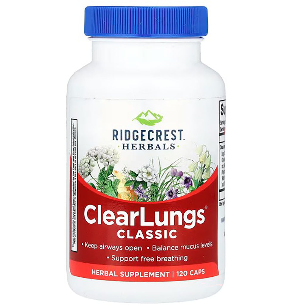PH043 | Ridgecrest Herbals ClearLungs Chinese Herbal Formula bottle front with blue cap and label reading 120 Vegan Capsules - Thumbnail