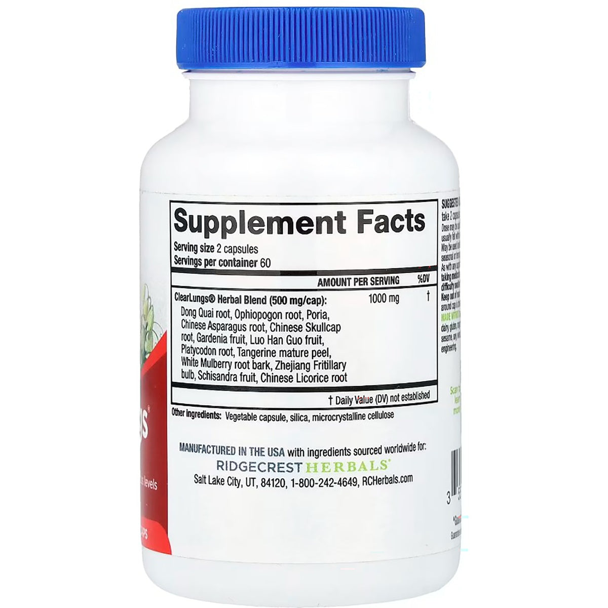 PH043 | back of white supplement bottle on its side showing Supplement Facts panel and blue childproof cap