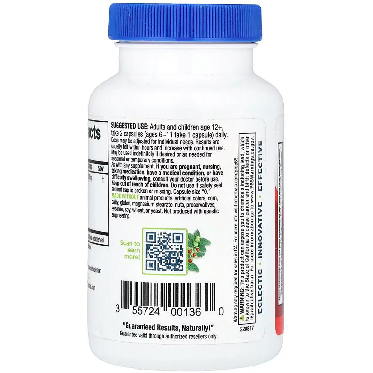 PH043 | Back of white supplement bottle showing ingredients, directions, barcode, QR code, and blue safety-sealed cap