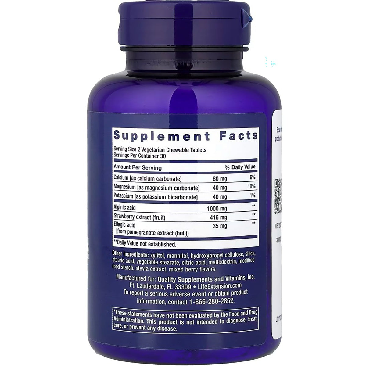 LE566 | Supplement Facts panel for chewable tablets with ingredients and manufacturer details