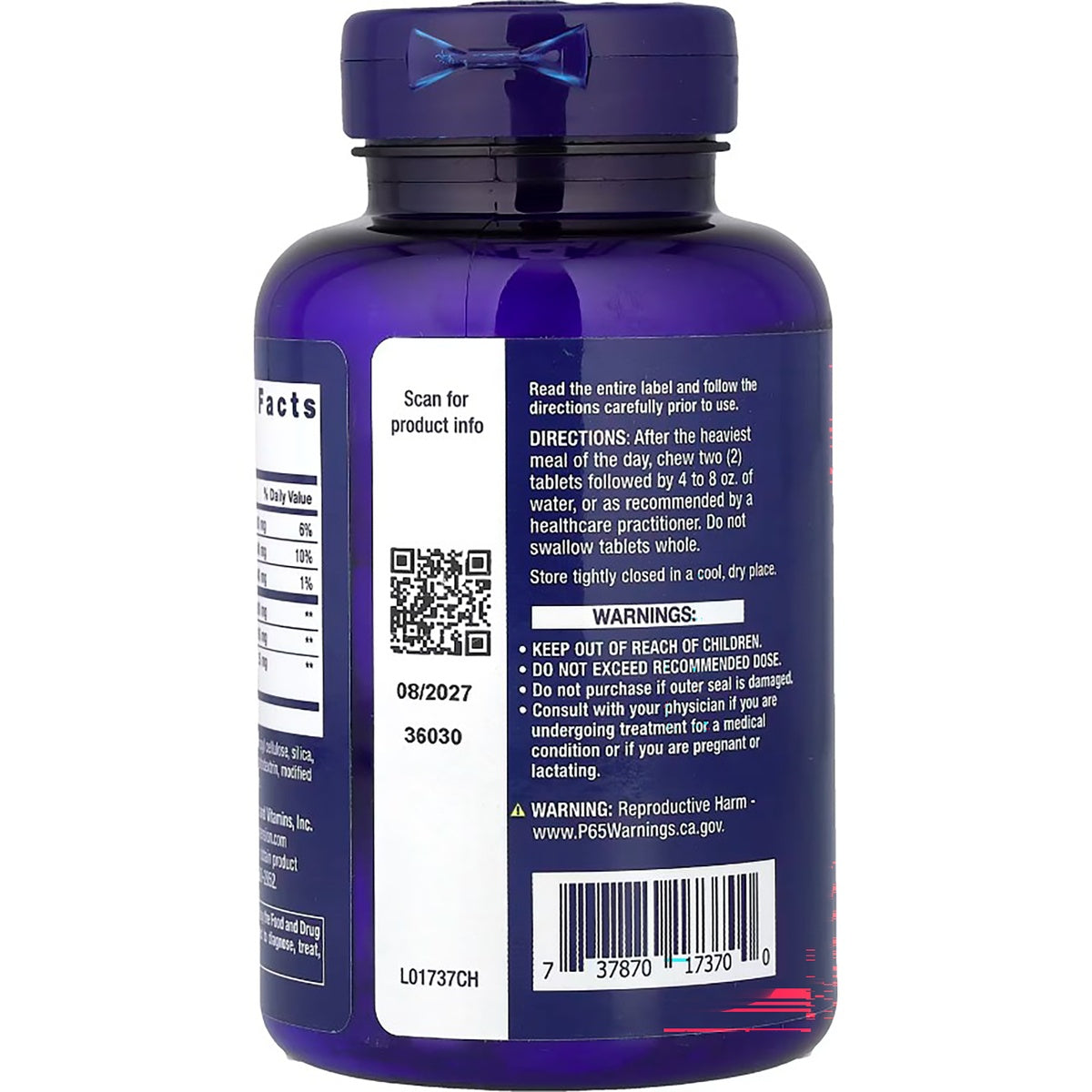 LE566 | Back of supplement bottle with directions, warnings, QR code, and barcode