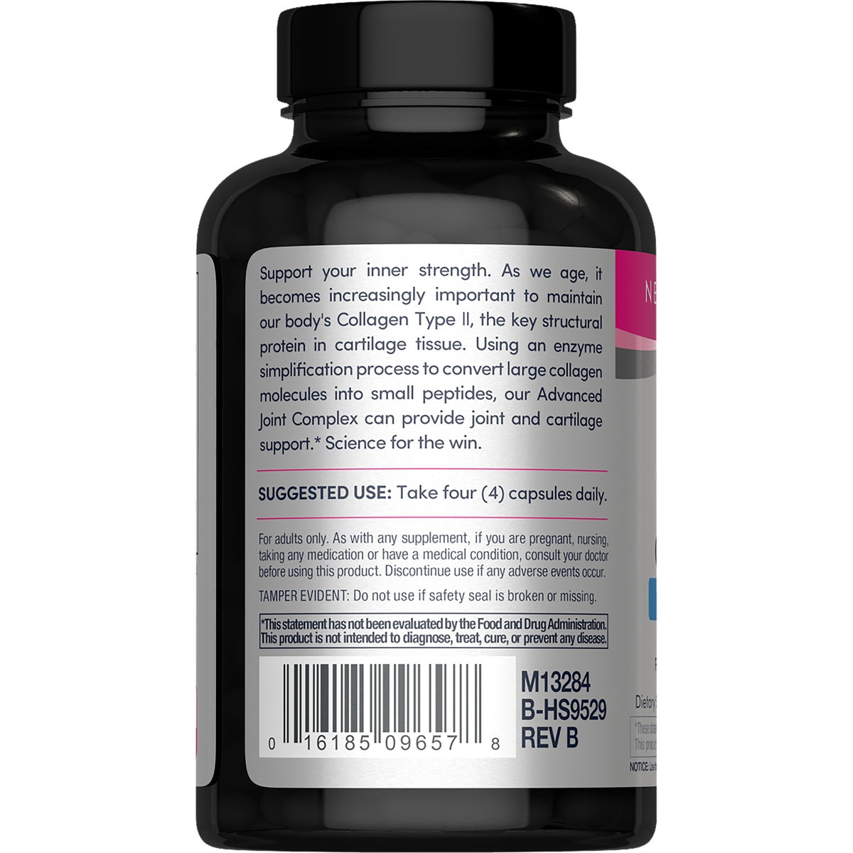 NEC008 | Back label of a supplement bottle with suggested use, warnings, and barcode