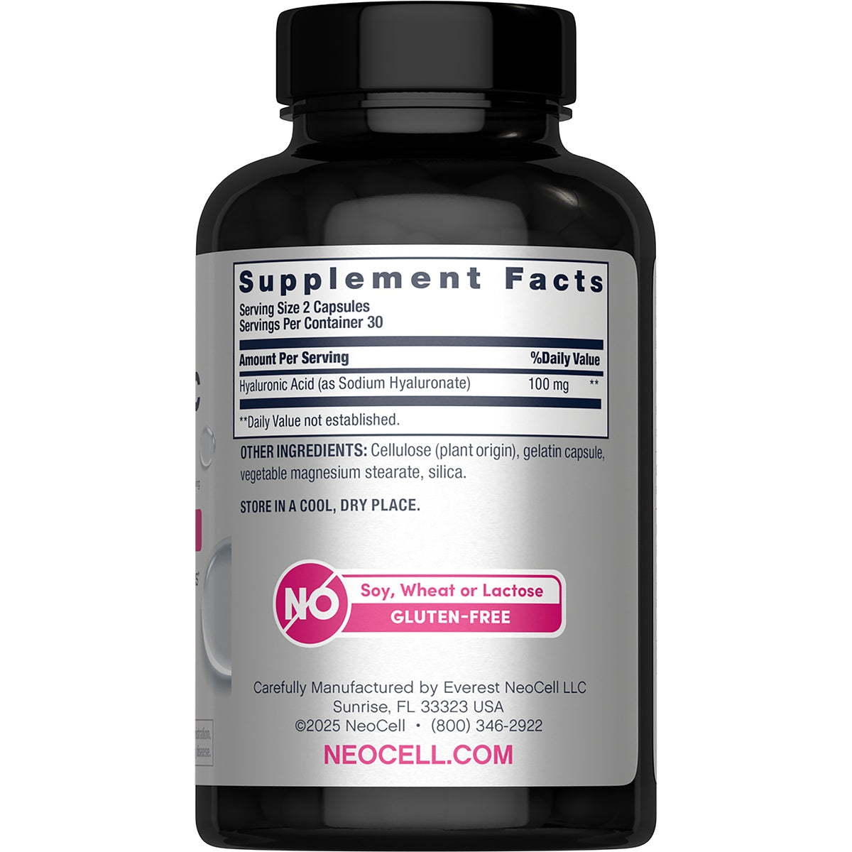 NEC011 | Back label of NeoCell Hyaluronic Acid supplement bottle with suggested use and warning text