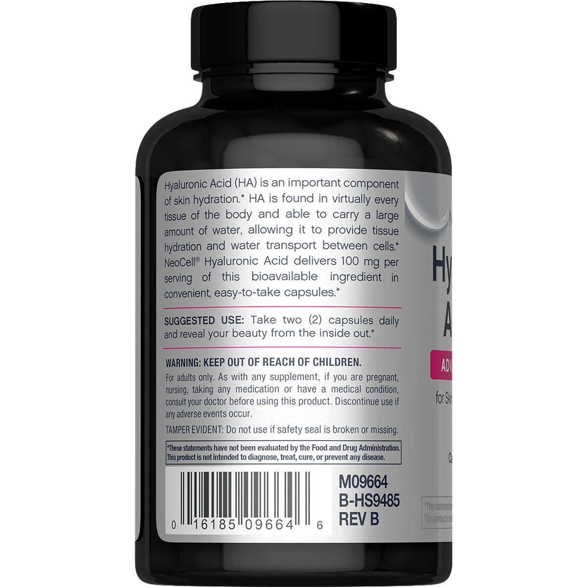 NEC011 | Supplement Facts label on a NeoCell bottle showing hyaluronic acid, ingredients, and gluten-free claim