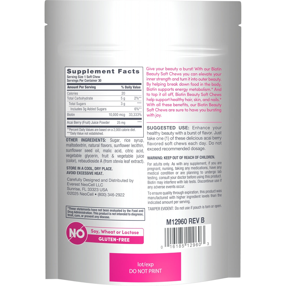 NEC020 | Back of NeoCell Biotin Beauty Soft Chews pouch with Supplement Facts, ingredients, and use directions