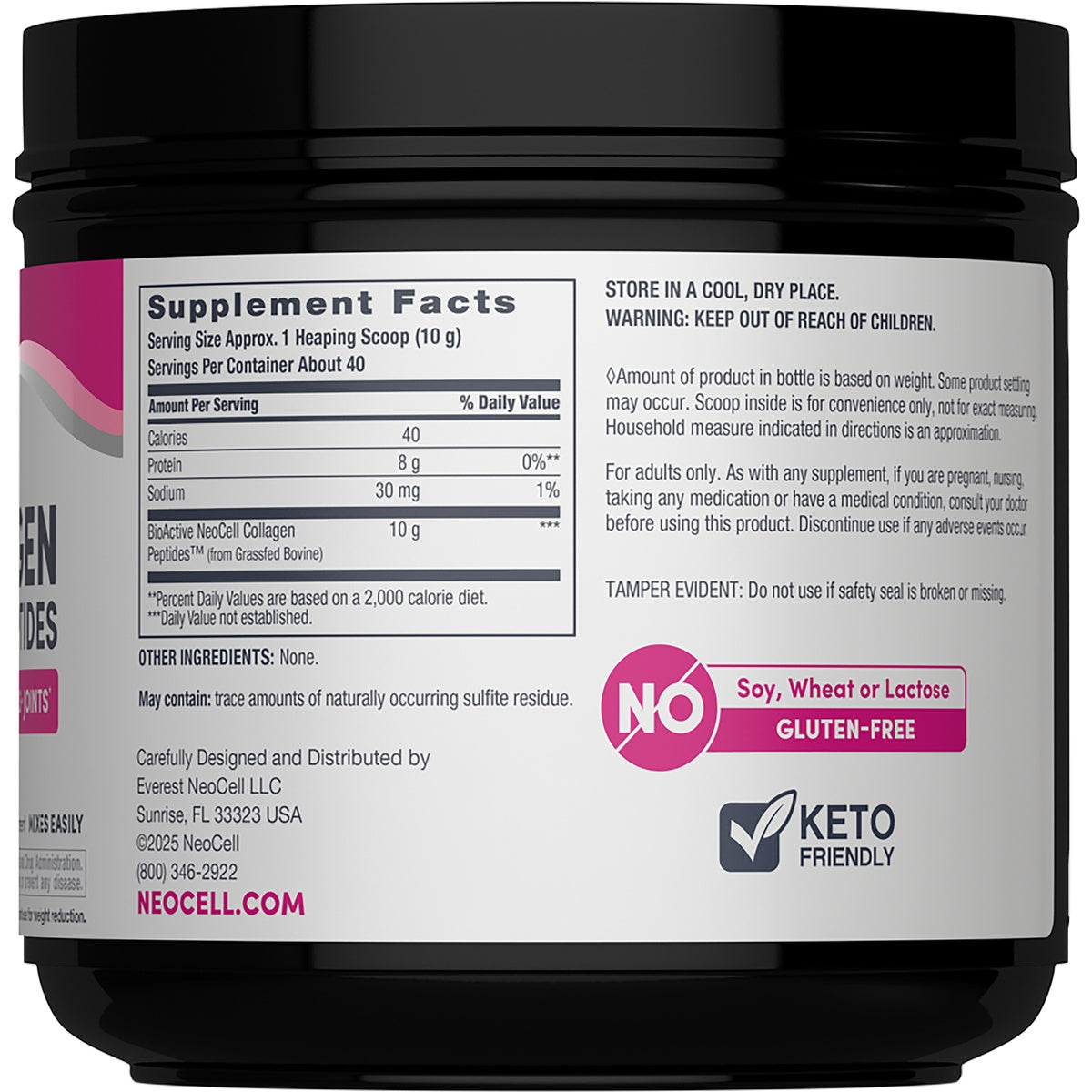 NEC029 | Back label showing Supplement Facts, serving size 2 scoops, hydrolyzed bovine collagen 10 g and storage warnings