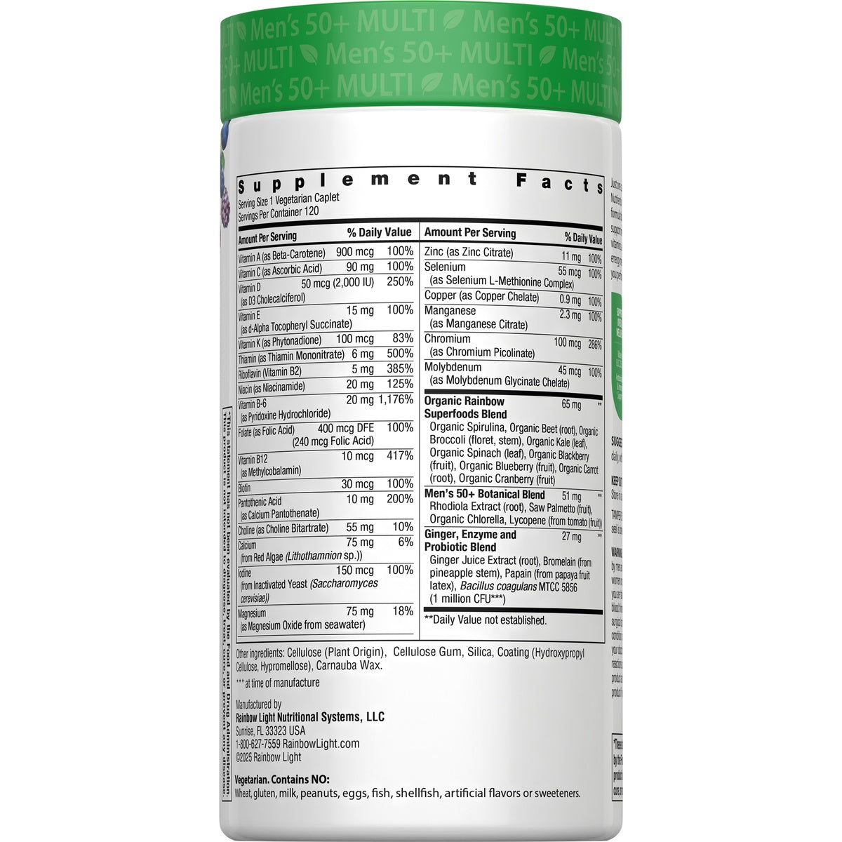 RBL164 | back label showing Supplement Facts and ingredient panel on white bottle with green cap