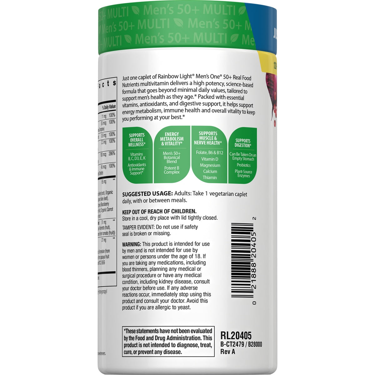 RBL164 | back of white supplement bottle showing suggested usage, actual size tablet graphic, and logos