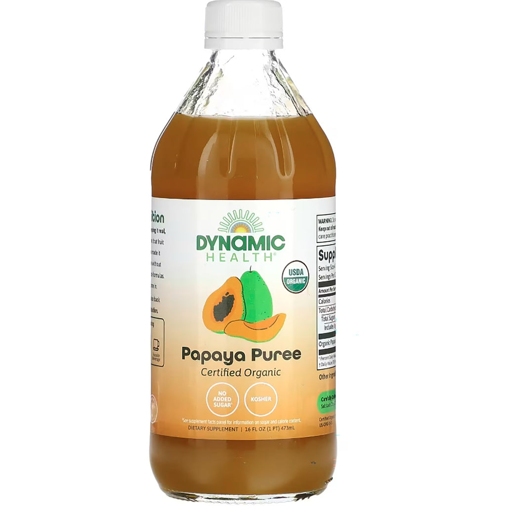 DYH048 | Dynamic Health certified organic Papaya Puree 16 FL OZ (473 mL) clear bottle with label and white cap - Thumbnail