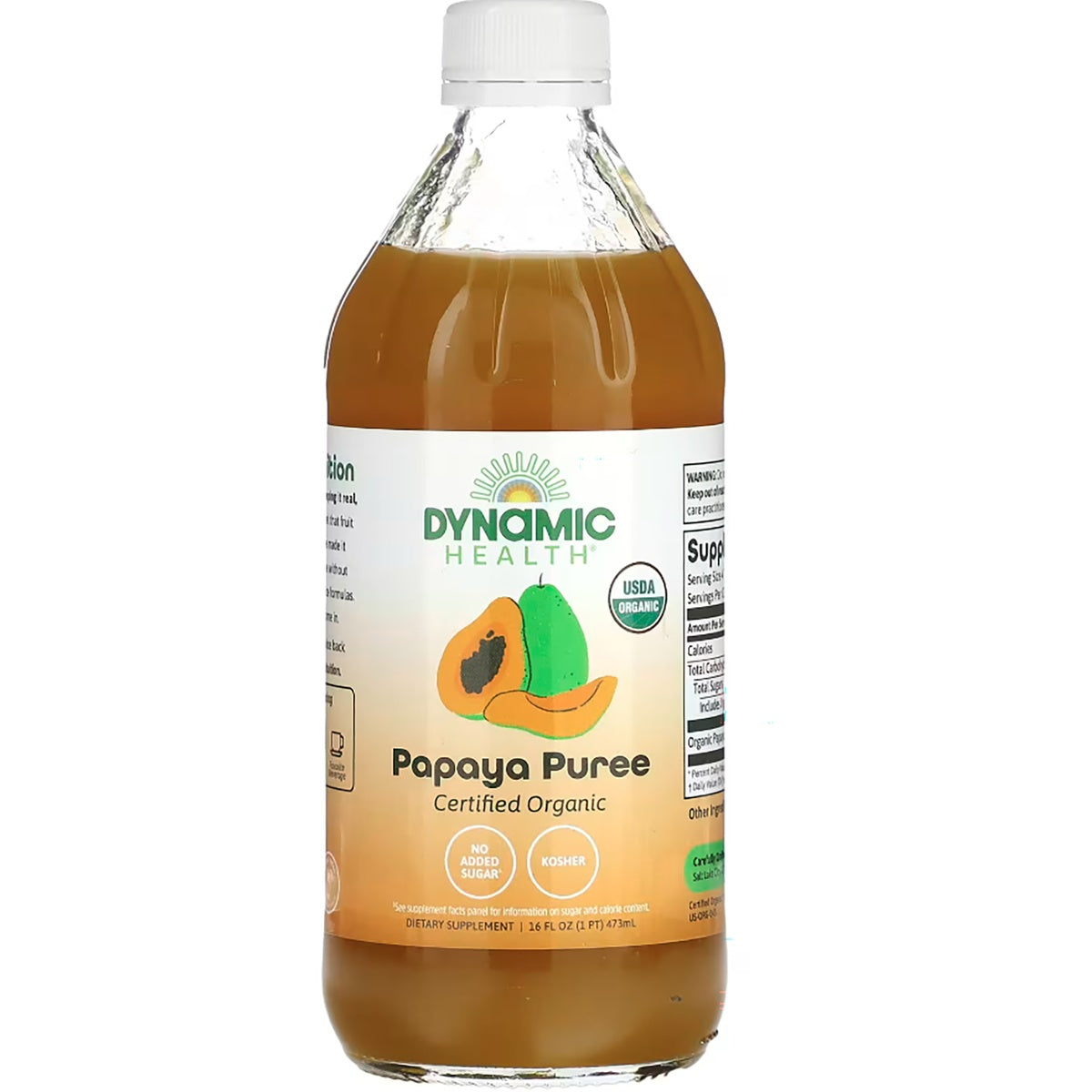 DYH048 | Dynamic Health certified organic Papaya Puree 16 FL OZ (473 mL) clear bottle with label and white cap
