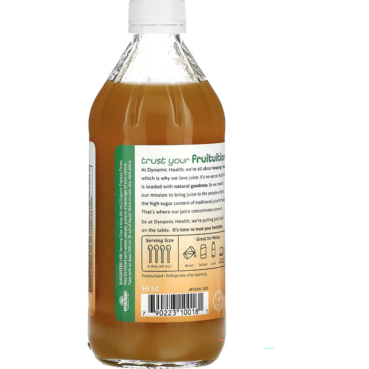 DYH048 | Back label of Dynamic Health organic papaya puree juice concentrate bottle with serving instructions and barcode