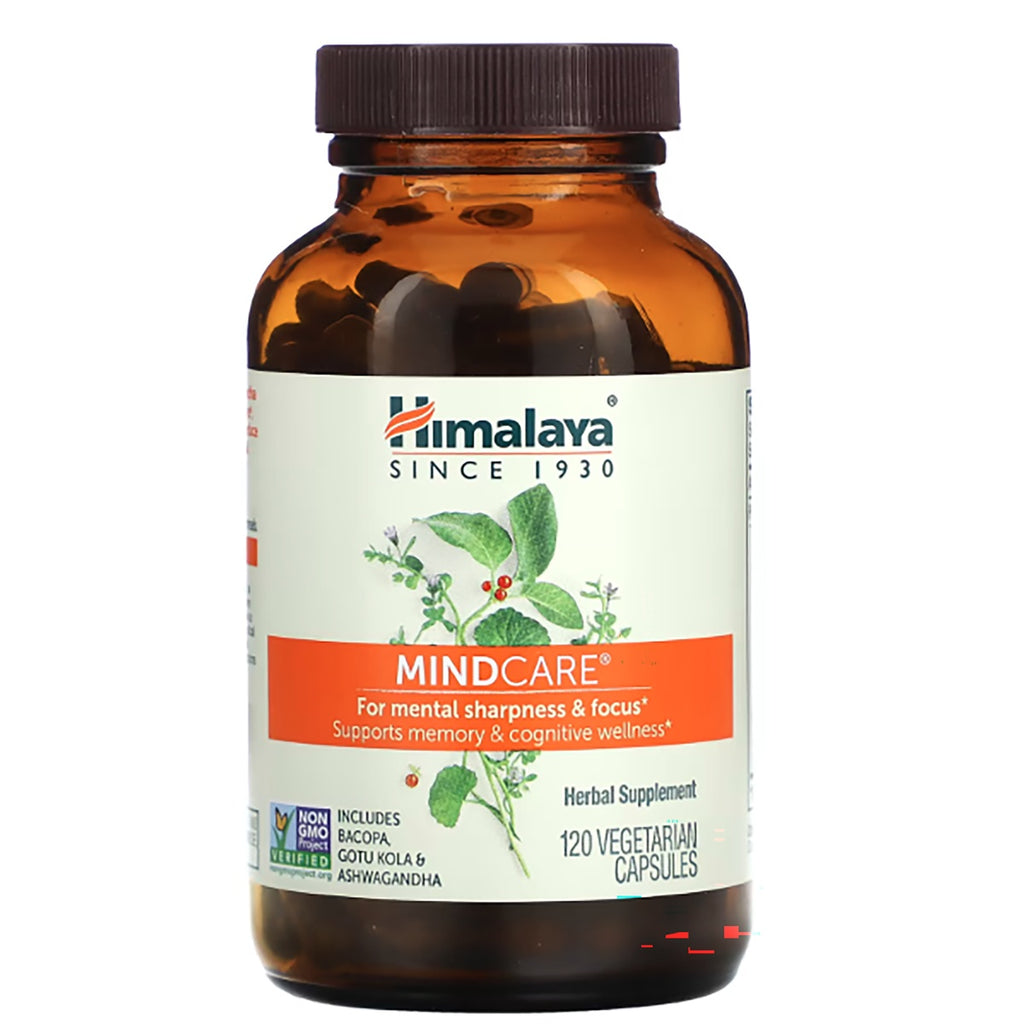 HHH042 | Himalaya MindCare herbal supplement bottle, front label reading MindCare for Mental Alertness, 120 vegetarian capsules - Thumbnail