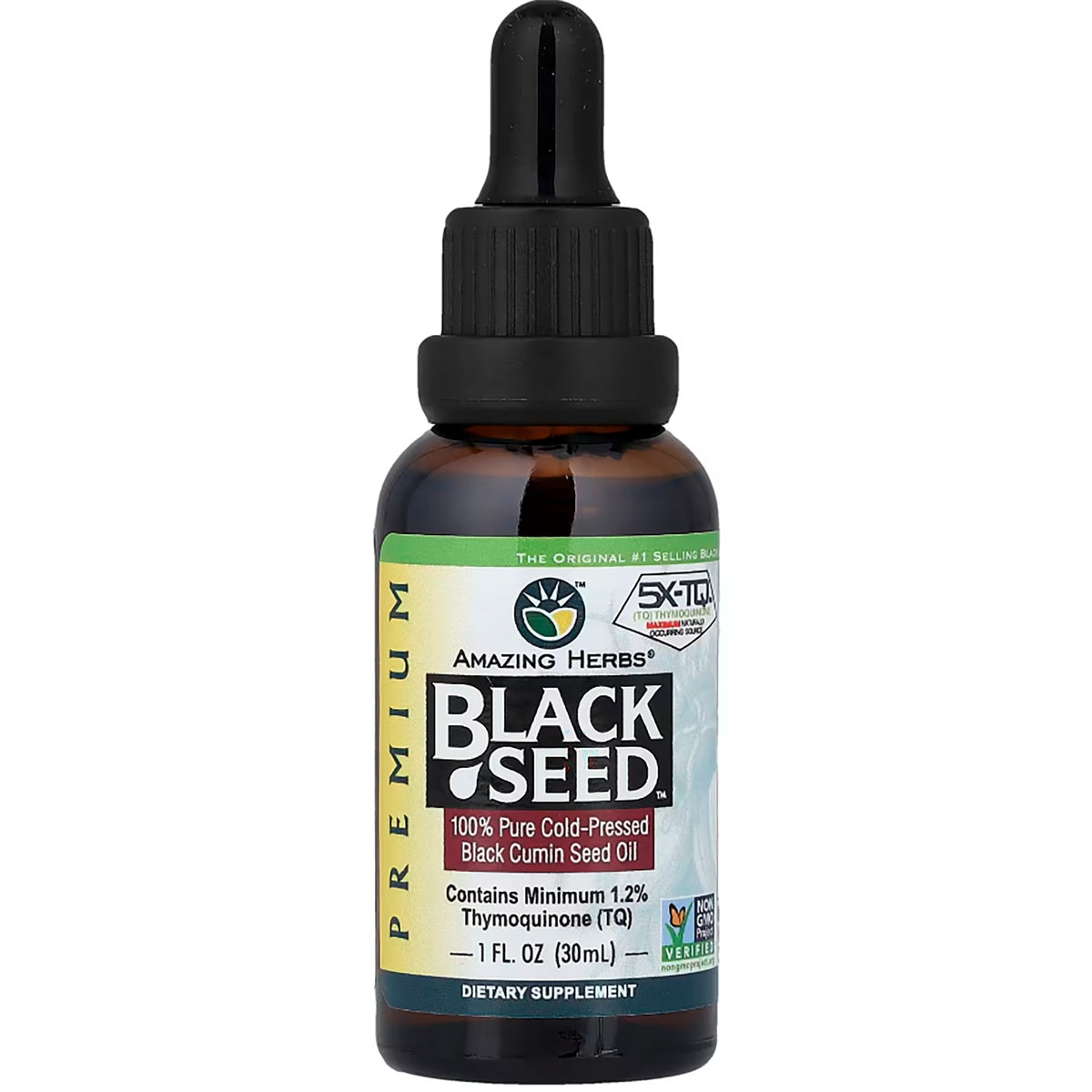 AZH009 | amber dropper bottle labeled BLACK SEED 100% Pure Cold-Pressed Black Cumin Seed Oil