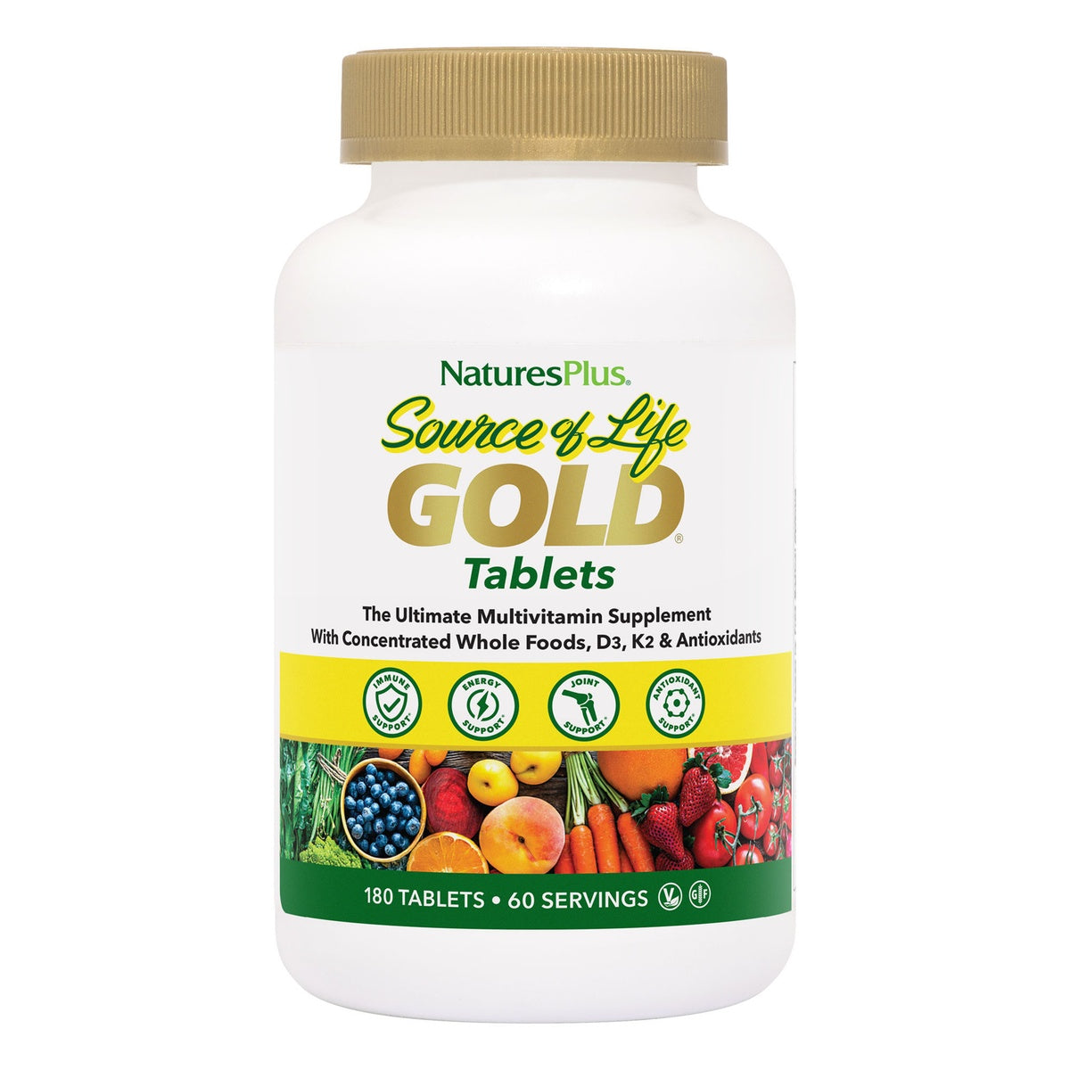 NTP360 | NaturesPlus Source of Life Gold Tablets bottle with 180 tablets and 60 servings