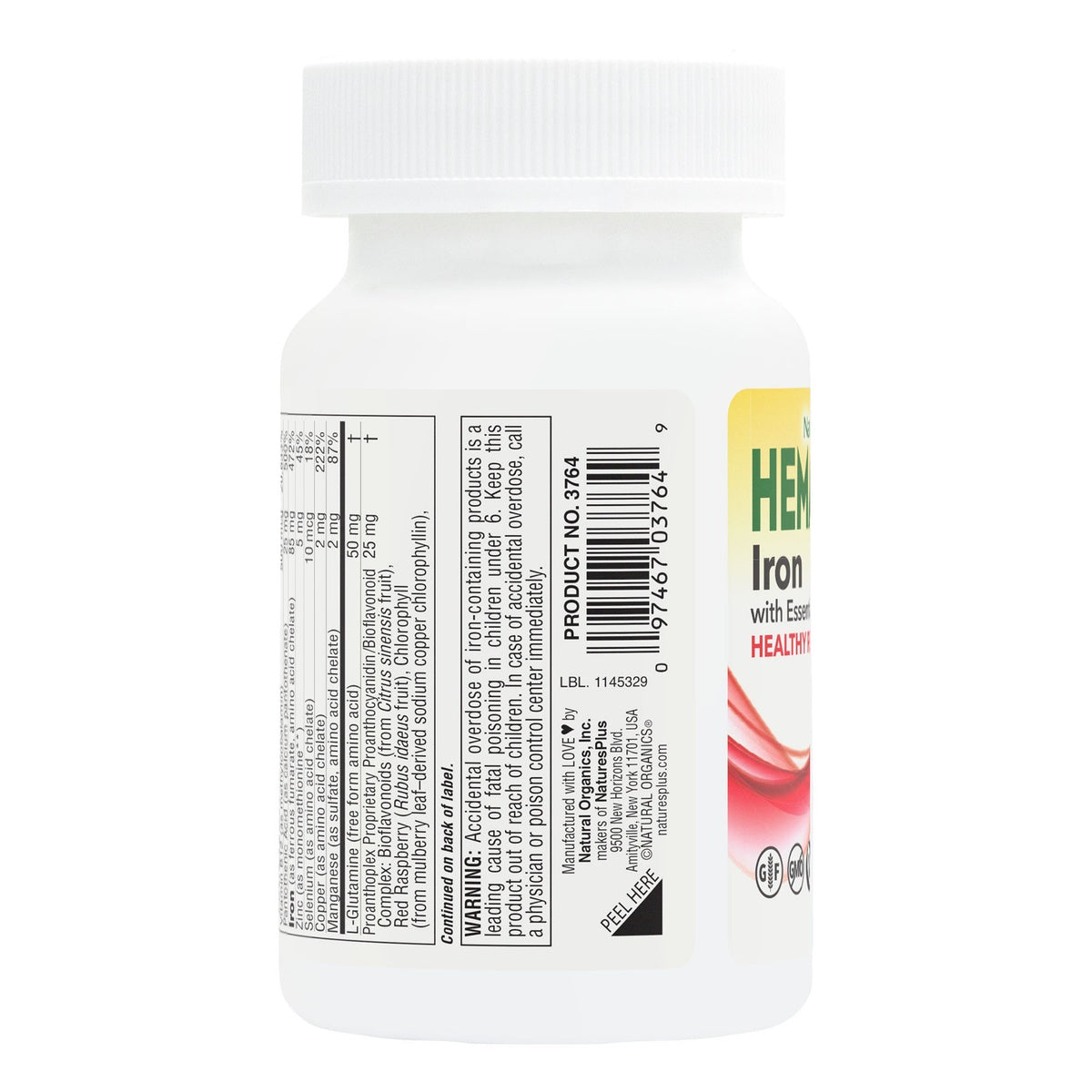 NTP358 | Back label of a white supplement bottle showing ingredients, warning text, and barcode