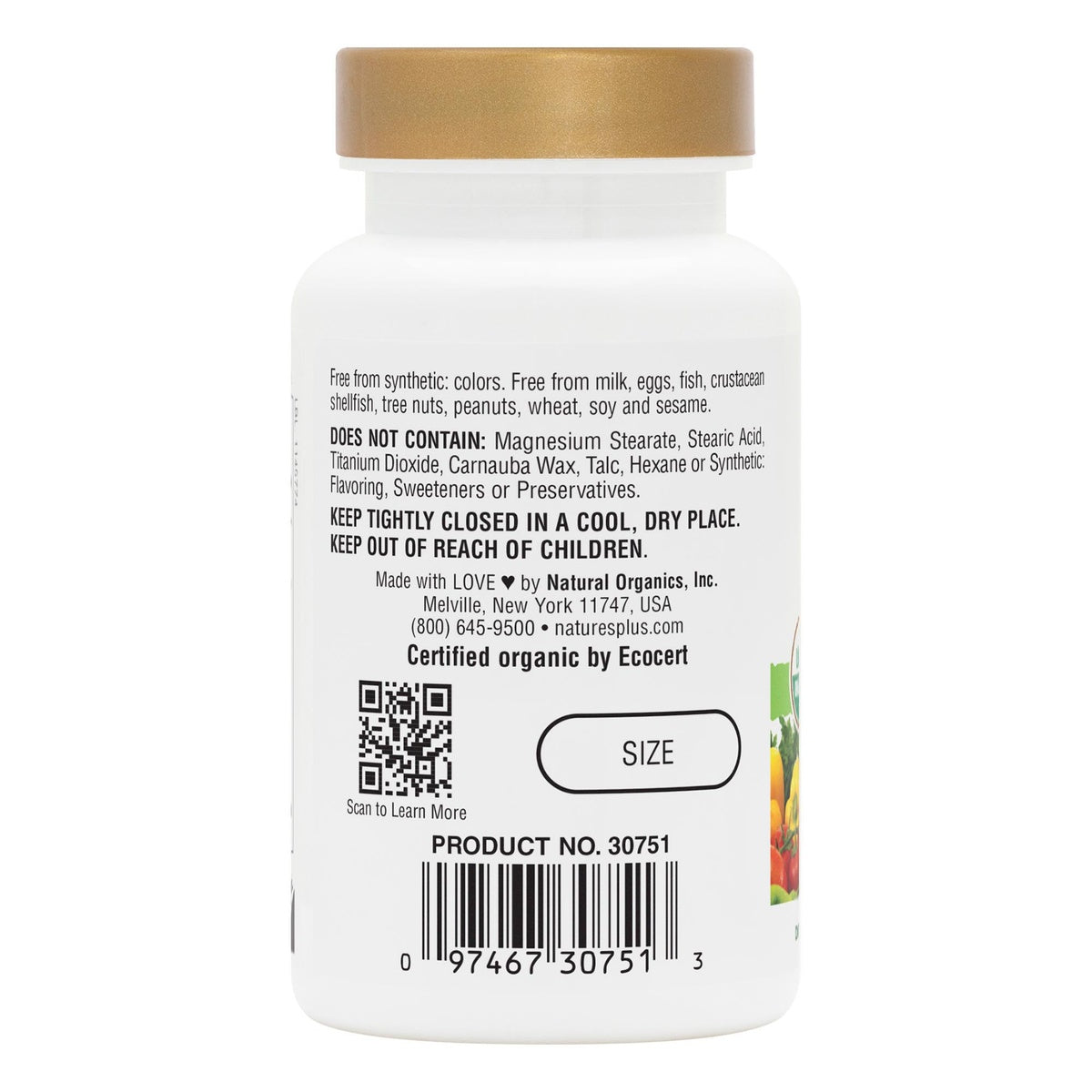NTP357 | Back label of a supplement bottle with ingredient warnings, storage instructions, QR code, and barcode