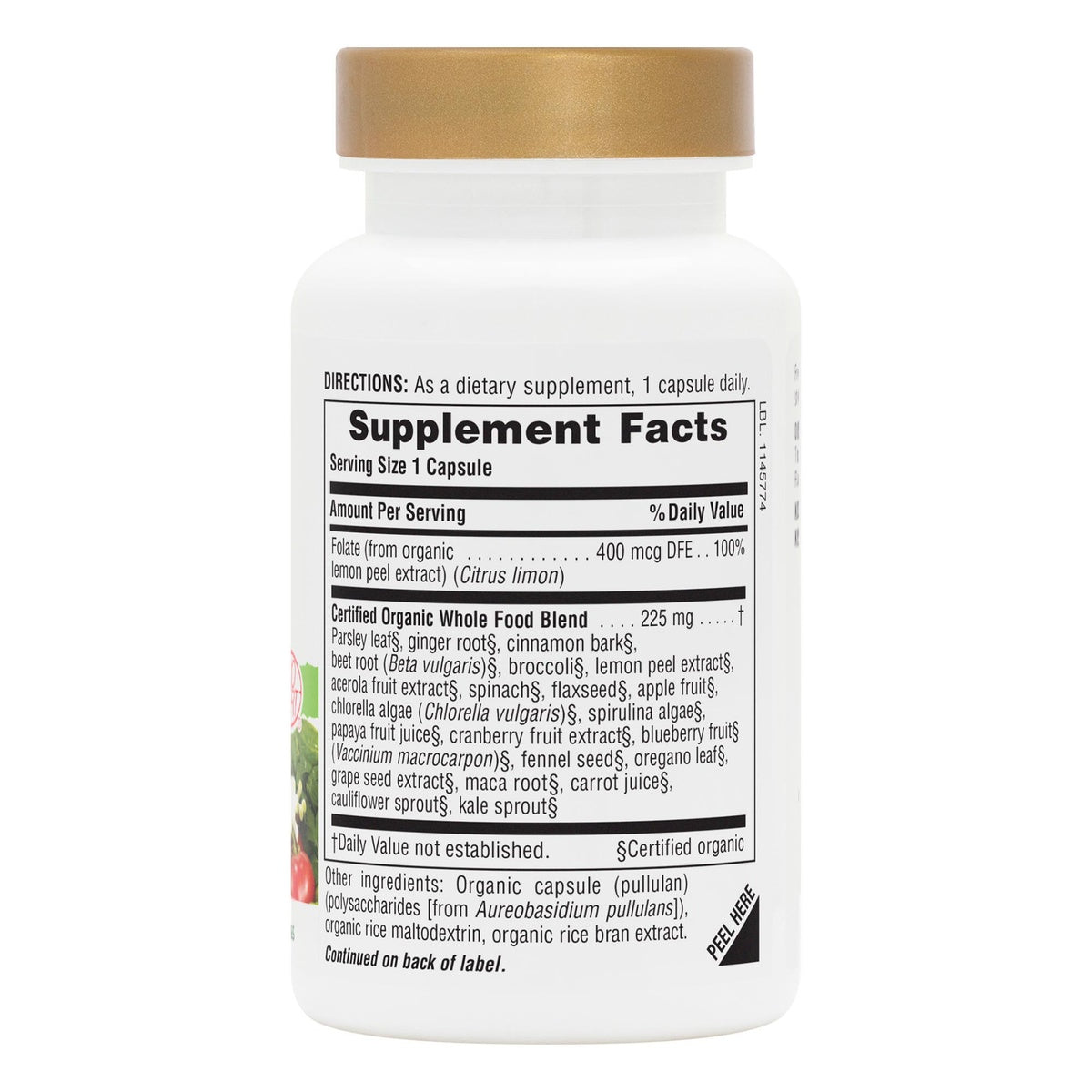 NTP357 | Back label of supplement bottle showing Supplement Facts, directions, ingredients, and peel here