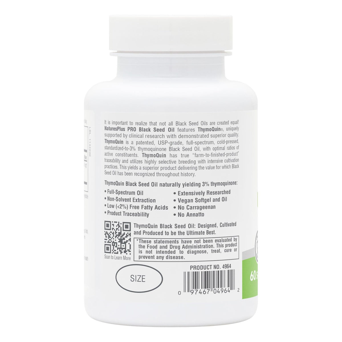NTP356 | Back label of NaturesPlus Pro Black Seed Oil bottle with product details, benefits, QR code, and barcode